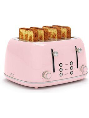 4 Slice Pink Retro Stainless with 6 Bread Shade Settings 1.5''Wide Slots Toaster